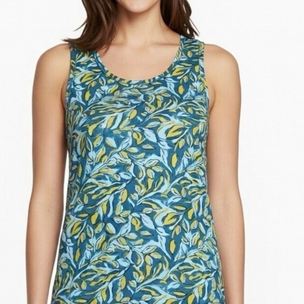 Danskin Women's Large Built-In Bra Workout Teal Blue Leaf Print Yoga Active Top